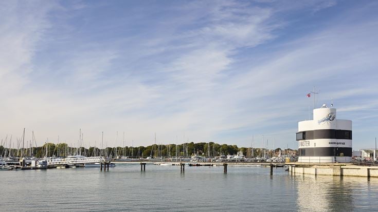 Hamble River Harbour Master's office, a black-and-white striped building in Warsash.