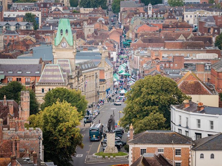 Winchester Guildhall and High Street from above.
