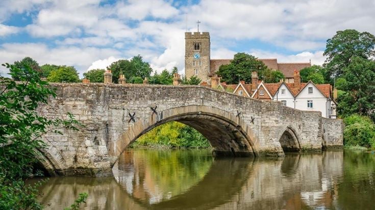 View of Aylesford village with medieval bridge and church in Kent