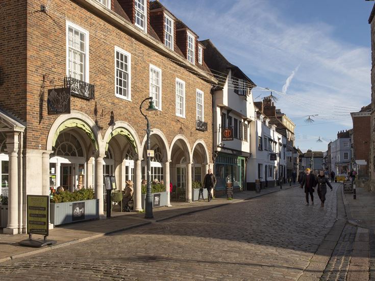 A cobbled street in the centre of Canterbury.