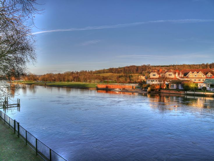 Greenery and trees surrounding the River Thames with buildings along the riverside.