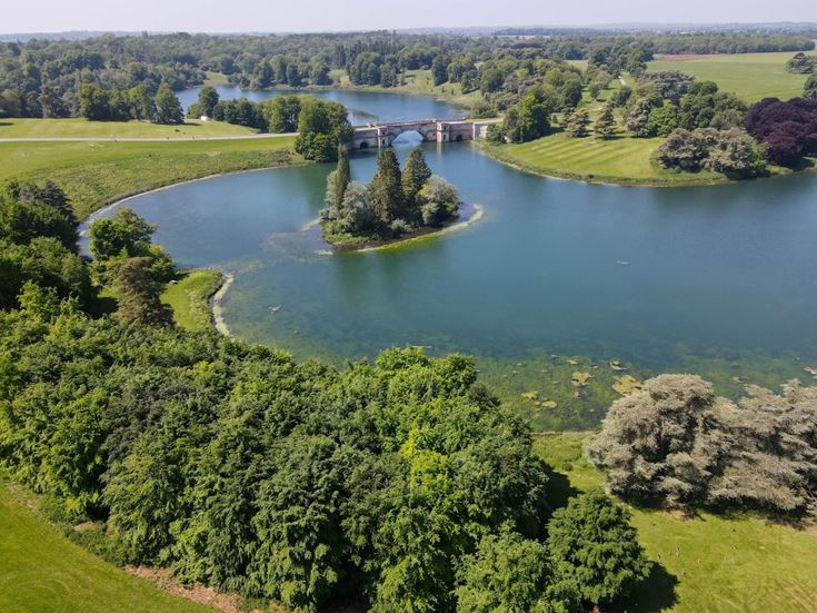 Aerial view of the lake at Blenheim Palace in Woodstock, near Oxford.