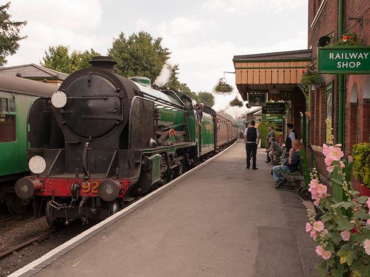A steam train at Alresford station on the Watercress Line in Hampshire.