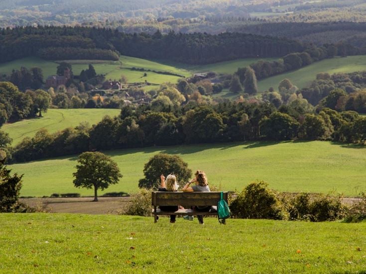 Scenic view from Newlands Corner near Guildford, showcasing the rolling Surrey Hills countryside and peaceful rural landscape.