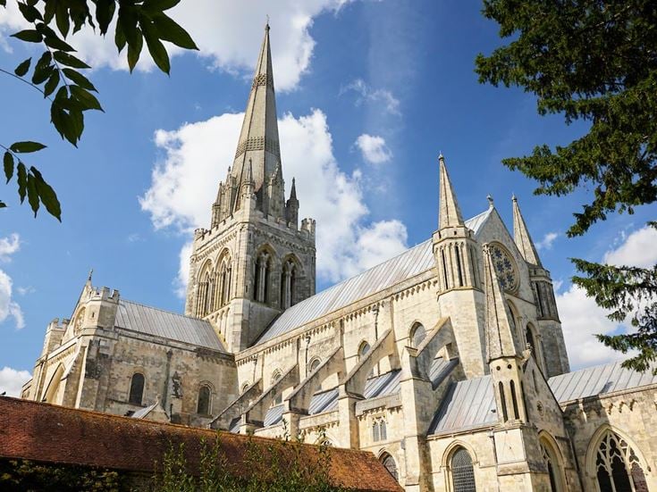 A view of Chichester Cathedral on a sunny day.