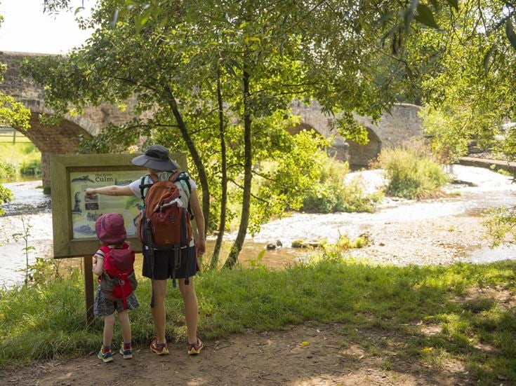 A senior adult and child looking at a map sign next to the River Culm.