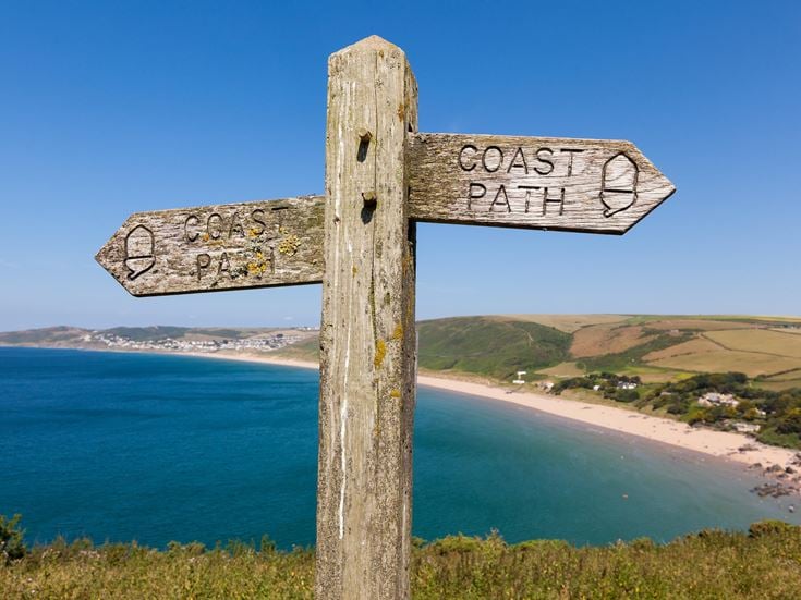Footpath Sign overlooking Woolacombe Beach in North Devon.