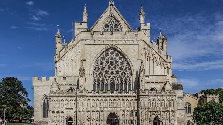 The west front of Exeter Cathedral in Exeter.
