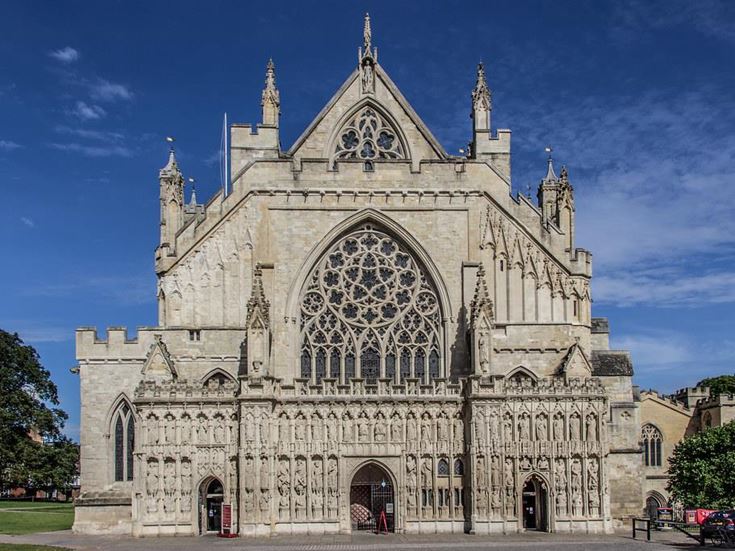 The west front of Exeter Cathedral in Exeter.