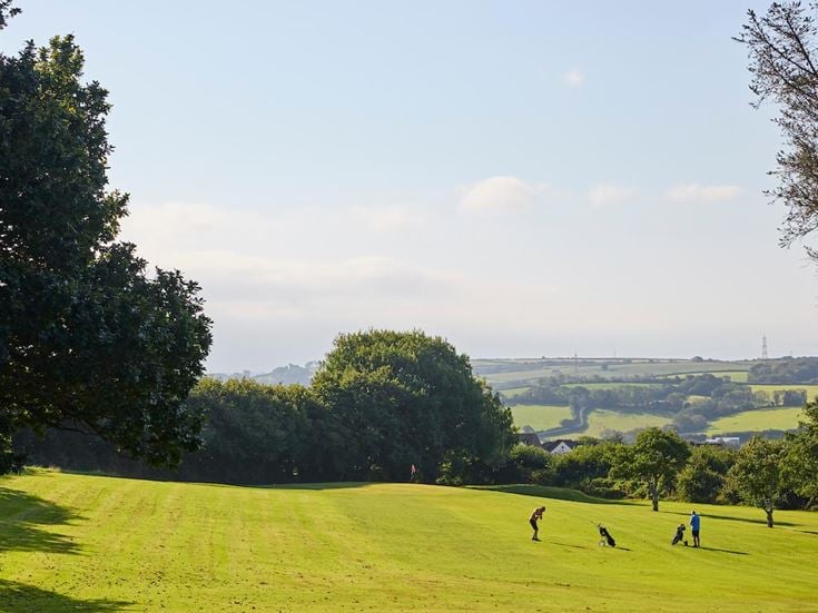a group of people walking on a grassy hill with trees and a town in the distance