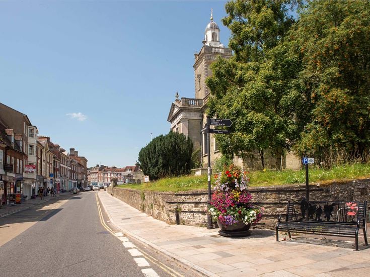 A road in Blandford St Mary village centre.