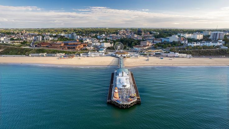 An aerial view of Bournemouth Pier from the sea with the town and beach in the background.