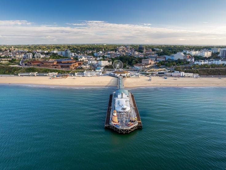 An aerial view of Bournemouth Pier from the sea with the town and beach in the background.