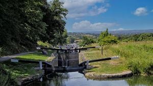A view of the Caen Hill Locks from the top overlooking the Wiltshire countryside.