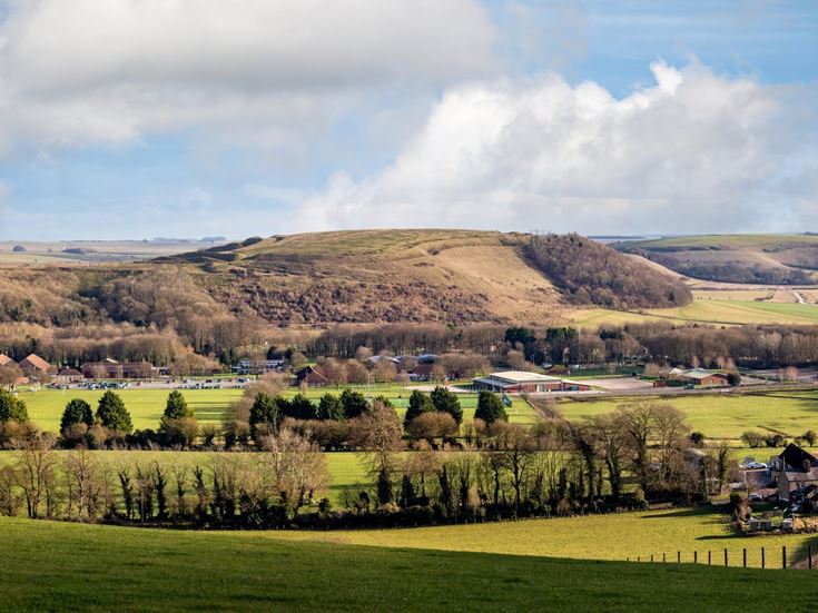 Panorama of Battlebury Hill from West Wilts Golf Course in Warminster, Wiltshire.