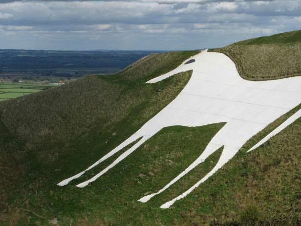 The ancient chalk hill figure of the Westbury White Horse in Wiltshire..