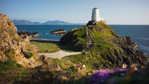 Tŵr Mawr Lighthouse on Ynys Llanddwyn on the coast of Anglesey in North Wales.