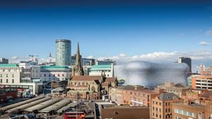 Panoramic view of buildings and facilities in central Birmingham.