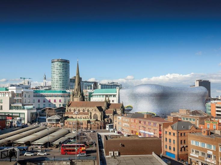 Panoramic view of buildings and facilities in central Birmingham.