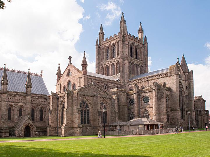 a large stone building with Hereford Cathedral