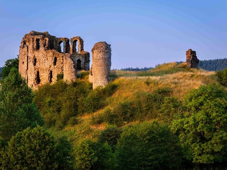 The ruins of Clun Castle, a Norman castle in Shropshire.