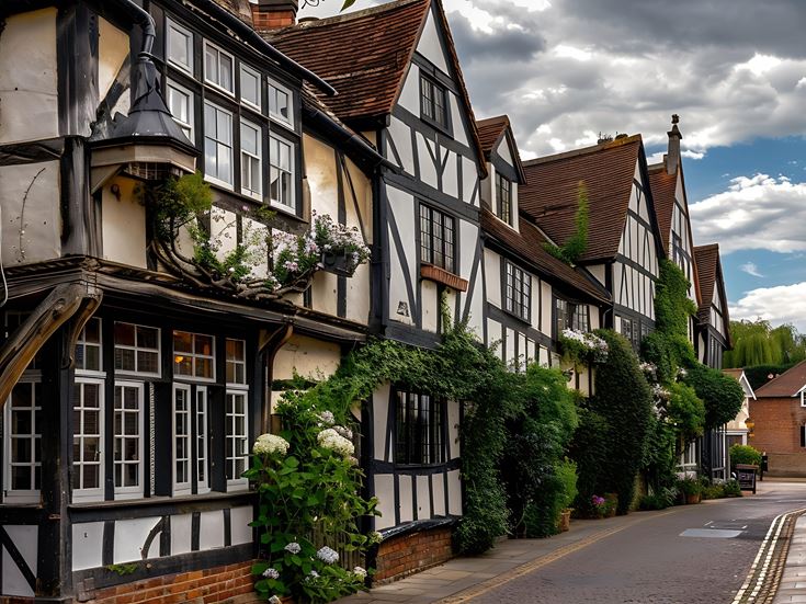 A street of tudor buildings in the centre of Stratford-upon-Avon