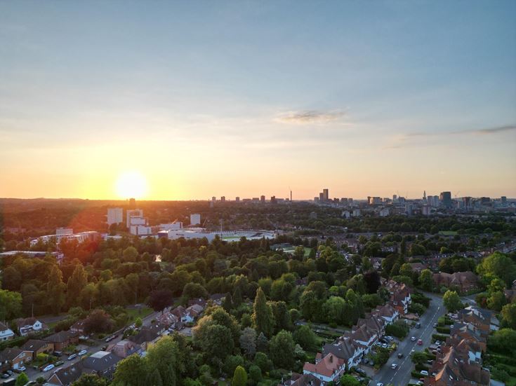 An aerial view of Edgbaston Cricket Ground and surrounding area of Birmingham, UK.