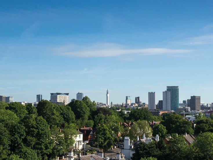 Panoramic view of trees, skyscrapers, and other buildings in Birmingham.