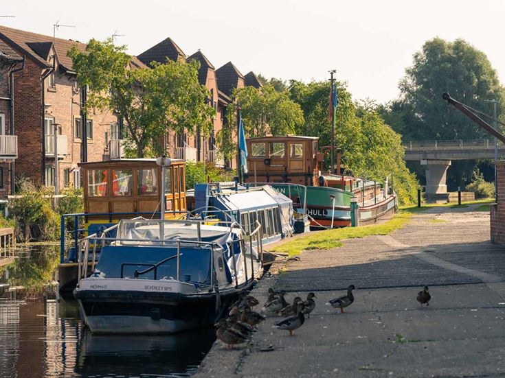 A row of canal boats in a canal near Hull in East Yorkshire.