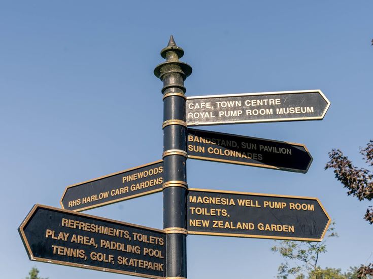 A sign post in Harrogate pointing in multiple directions to different amenities and attractions.