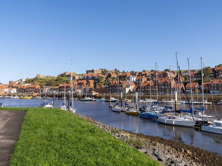 Sailboats docked in Whitby marina, with houses and the Abbey in the background.