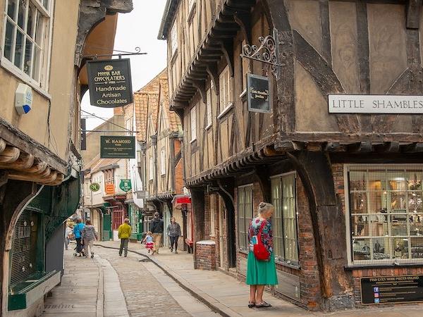 A row of timber-lined buildings in York’s ‘Little Shambles’ shopping street.