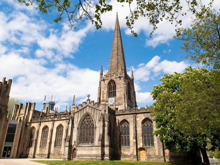 The exterior of Sheffield Cathedral on a sunny day.