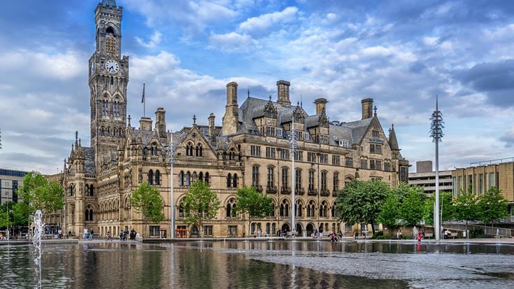 Bradford City Hall, a historic building with a fountain in the city centre.