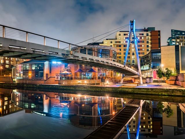 Footbridge over the River Aire looking towards Brewery Wharf in Leeds.