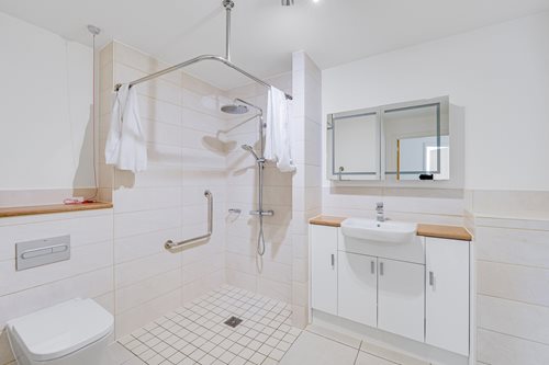 a bathroom with a standup shower