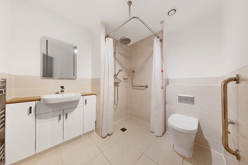 a bathroom with a standup shower