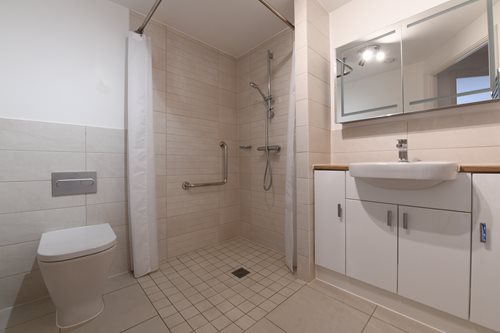 a bathroom with a standup shower
