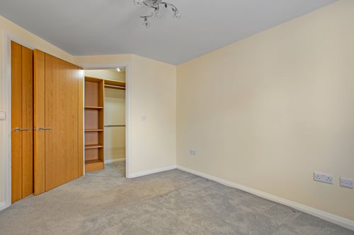 a room with a carpet and a shelf with doors
