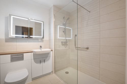 a bathroom with a glass shower