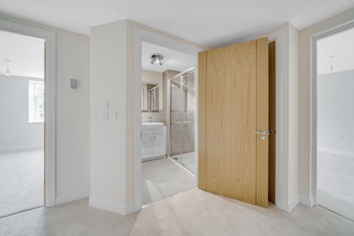 a bathroom with a glass door