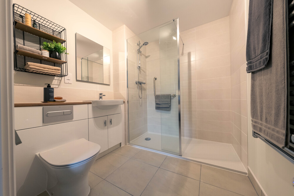 a bathroom with a glass shower
