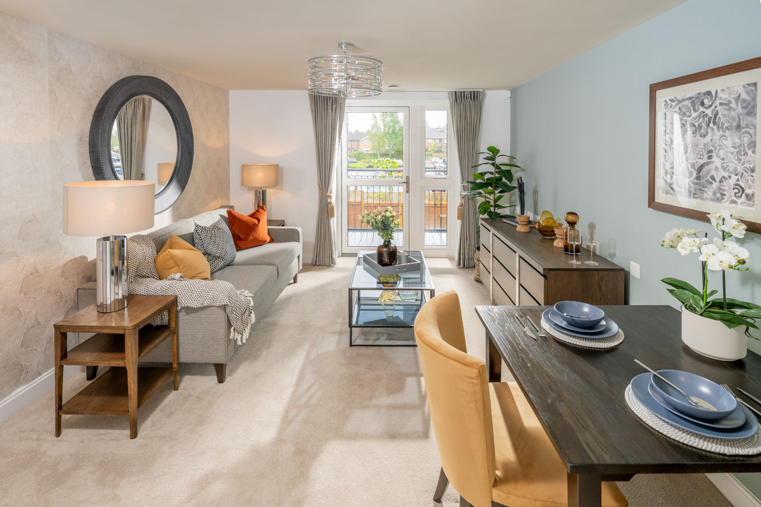 a living room with a couch and a table