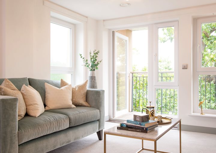 a living room with a couch and a coffee table
