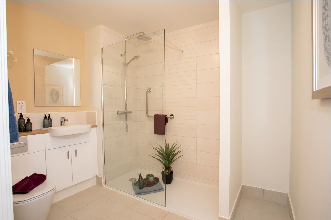 a bathroom with a glass shower