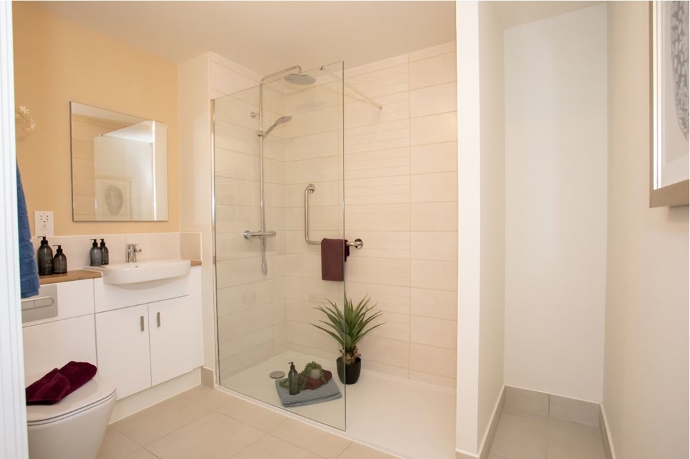 a bathroom with a glass shower