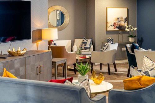 a living room with a couch and a coffee table