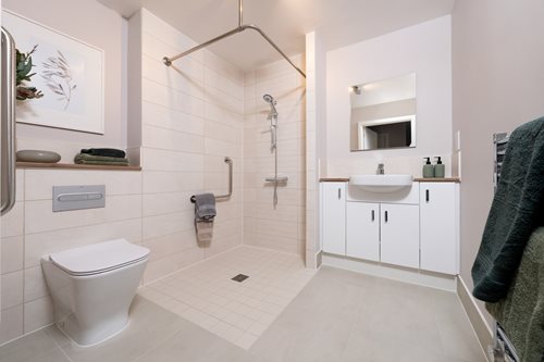 a bathroom with a standup shower