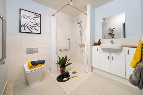 a bathroom with a standup shower