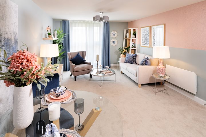 a living room with a couch and a table